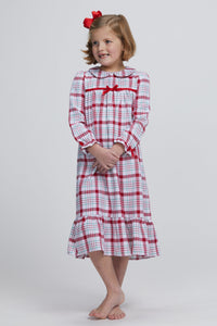 Little English traditional clothing, classic nightgown in holiday plaid print with bows on sleeve cuffs and chest for little girl, holiday collection