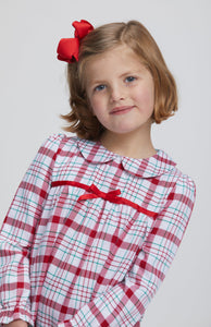 Little English traditional clothing, classic nightgown in holiday plaid print with bows on sleeve cuffs and chest for little girl, holiday collection