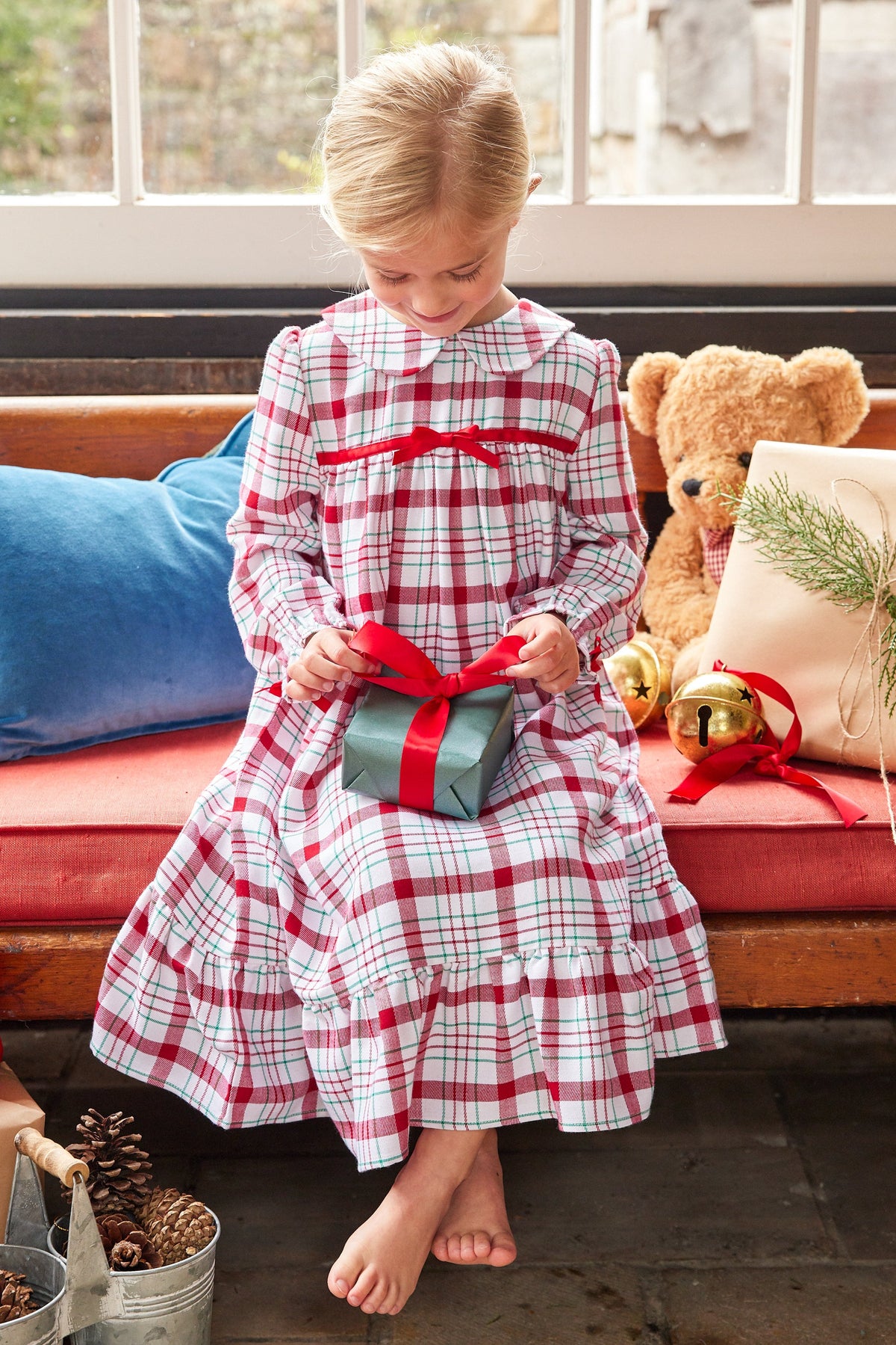 Little English traditional clothing, classic nightgown in holiday plaid print with bows on sleeve cuffs and chest for little girl, holiday collection