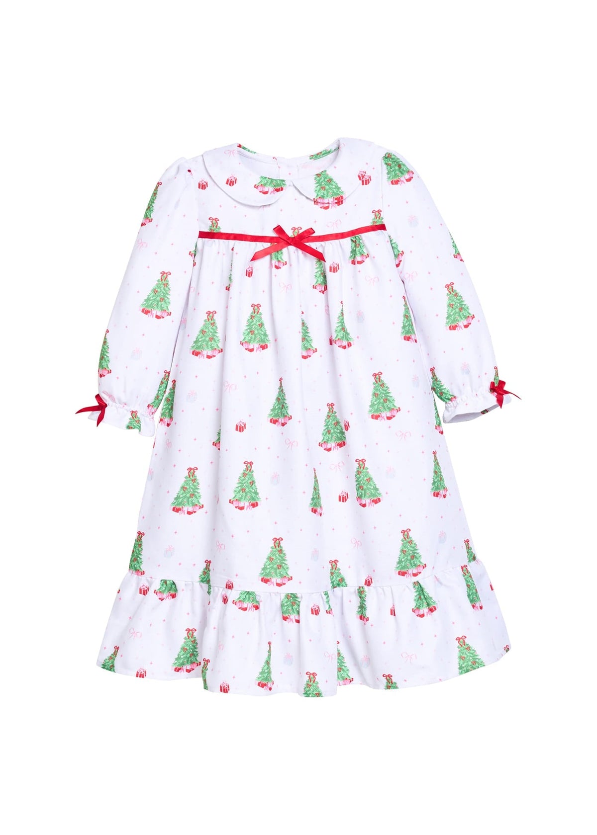 Little English classic children's clothing, White flannel nightgown with Christmas tree and present print with peter pan collar and red bow details for little girls