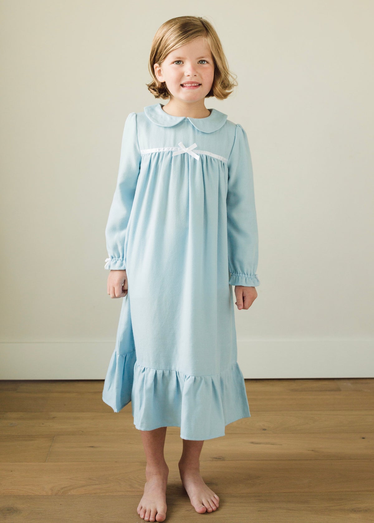 Little English traditional girl's flannel style nightgown, little girl's classic christmas nightgown with bow in light blue