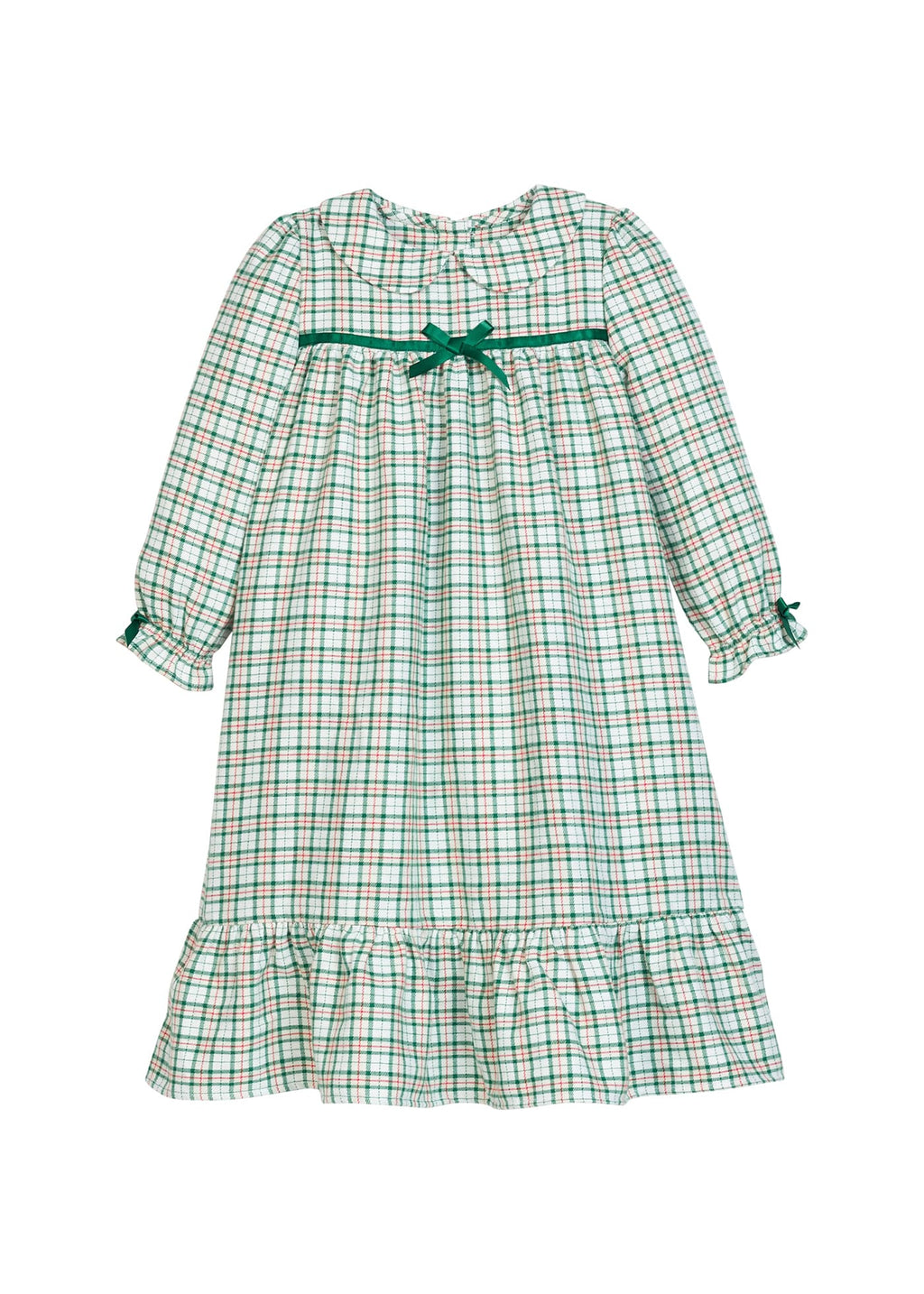 Little English classic children's clothing, Green, red, and cream Mistletoe Tartan flannel nightgown with peter pan collar and green bow details for little girls