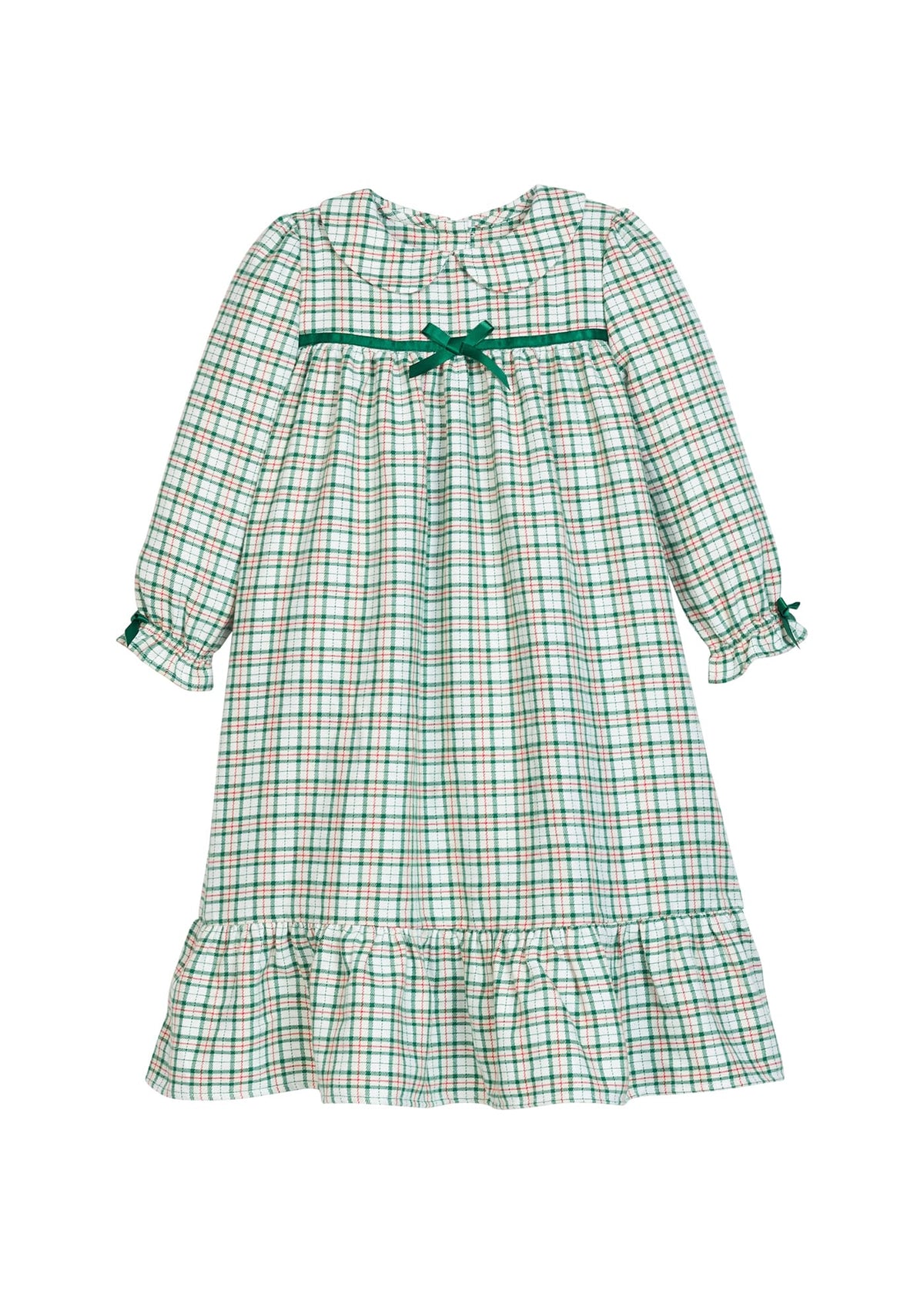 Little English classic children's clothing, Green, red, and cream Mistletoe Tartan flannel nightgown with peter pan collar and green bow details for little girls