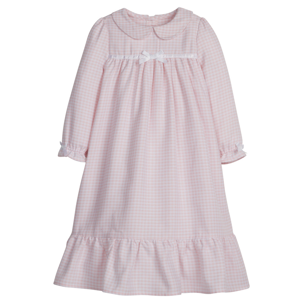 little english classic children's clothes, light pink gingham flannel nightgown for girls 