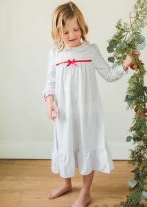 Little English traditional girl's flannel style nightgown, little girl's classic christmas nightgown in white with light red bow