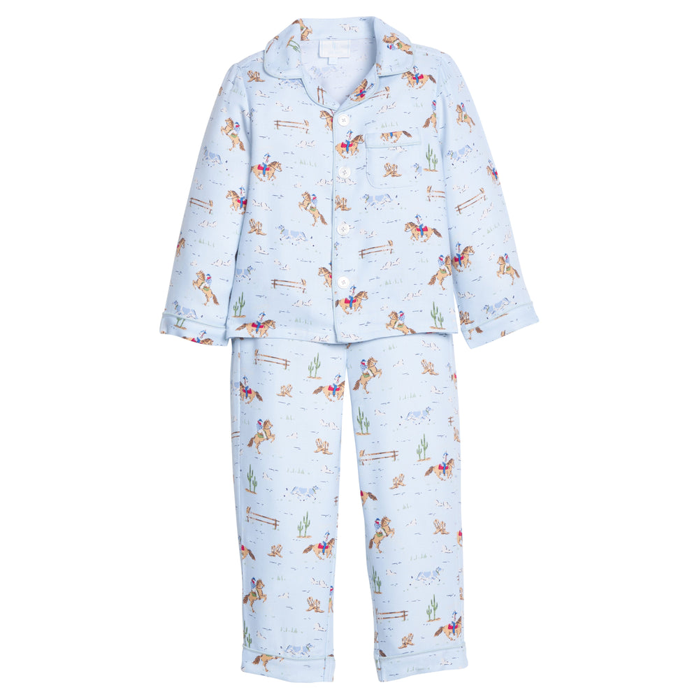 Little English classic kids clothes, long sleeve pajama set in light blue with cowboy print for little boys