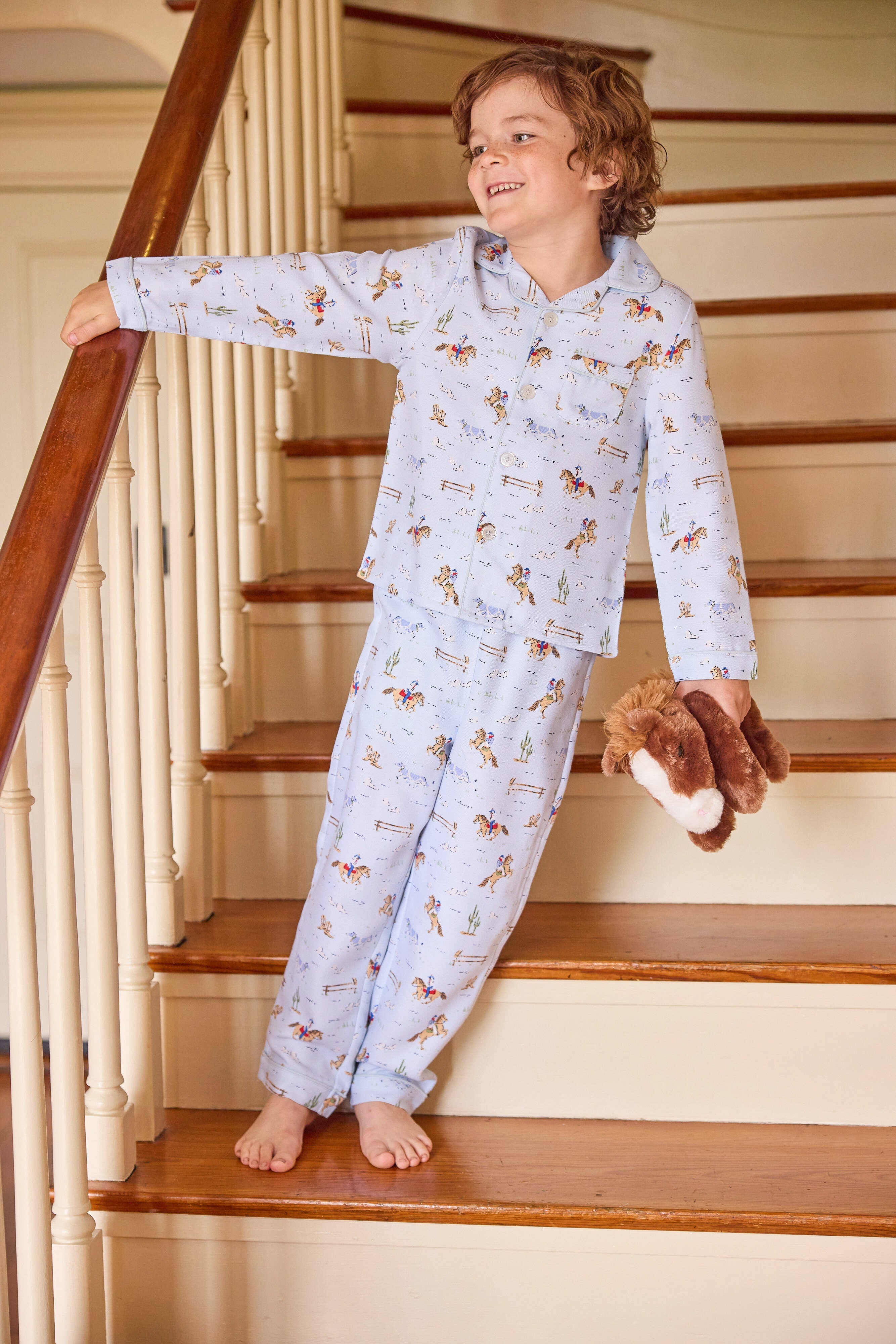 Little English classic children's clothes, long sleeve pajama set in light blue with cowboy print for little boys