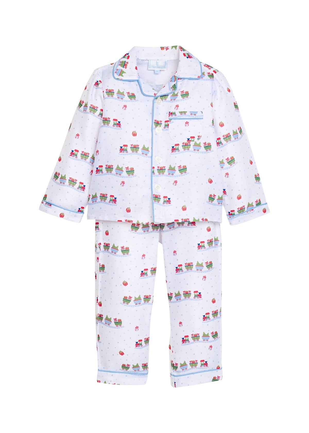 Little English classic children's clothing, White and light blue polkadotted flannel long sleeve shirt and pants pajama set with holiday trains print with chest pocket and blue piping details for little boys