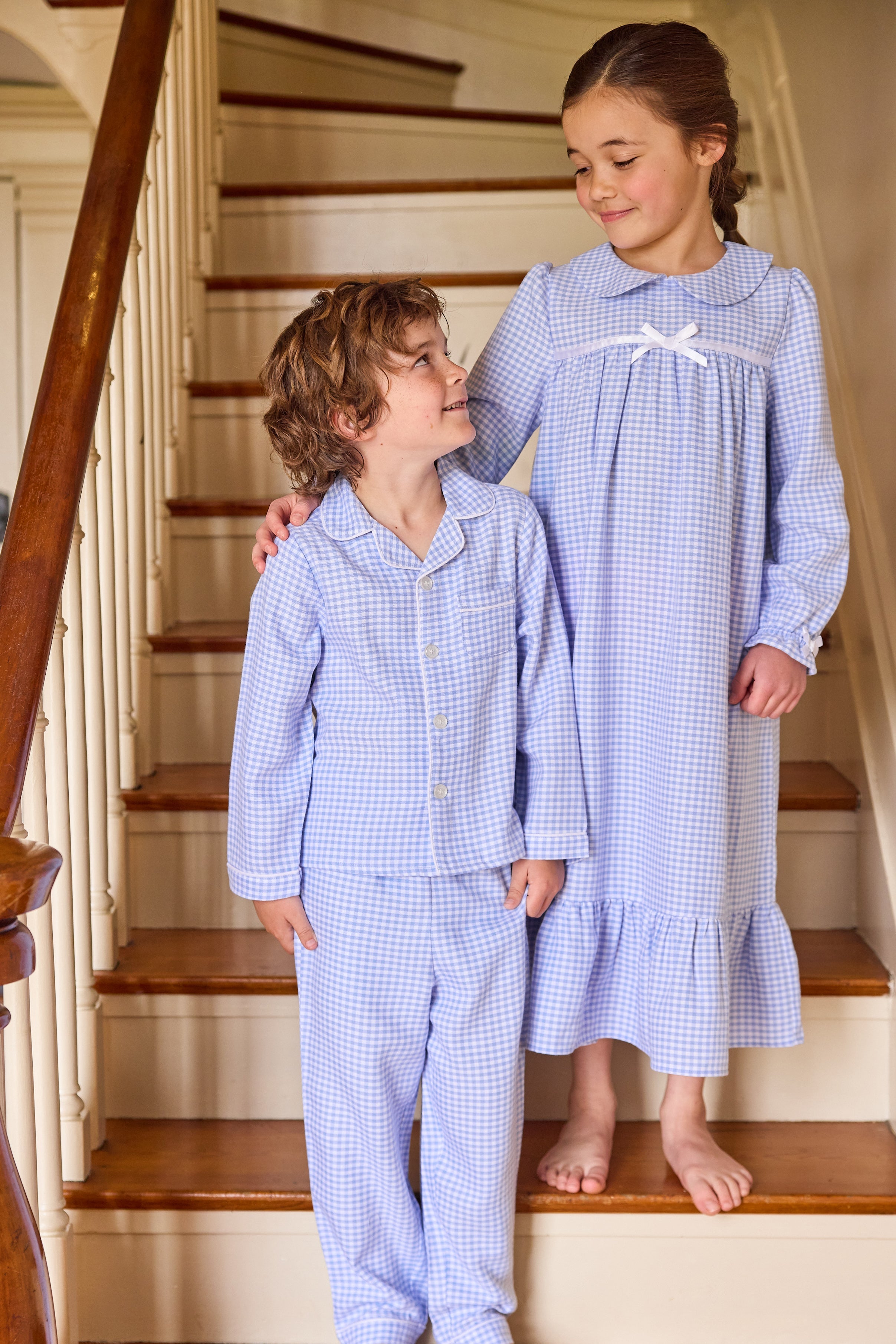 little english classic children's clothing, pajama set for boys and nightgown for girls in light blue gingham, coordinating looks for fall 