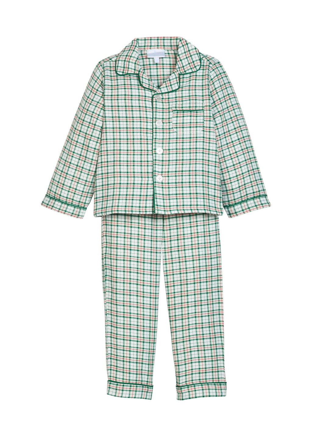Little English classic children's clothing, Green, red, and cream Mistletoe Tartan flannel long sleeve shirt and pants pajama set with chest pocket and green piping details for little boys
