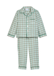 Little English classic children's clothing, Green, red, and cream Mistletoe Tartan flannel long sleeve shirt and pants pajama set with chest pocket and green piping details for little boys