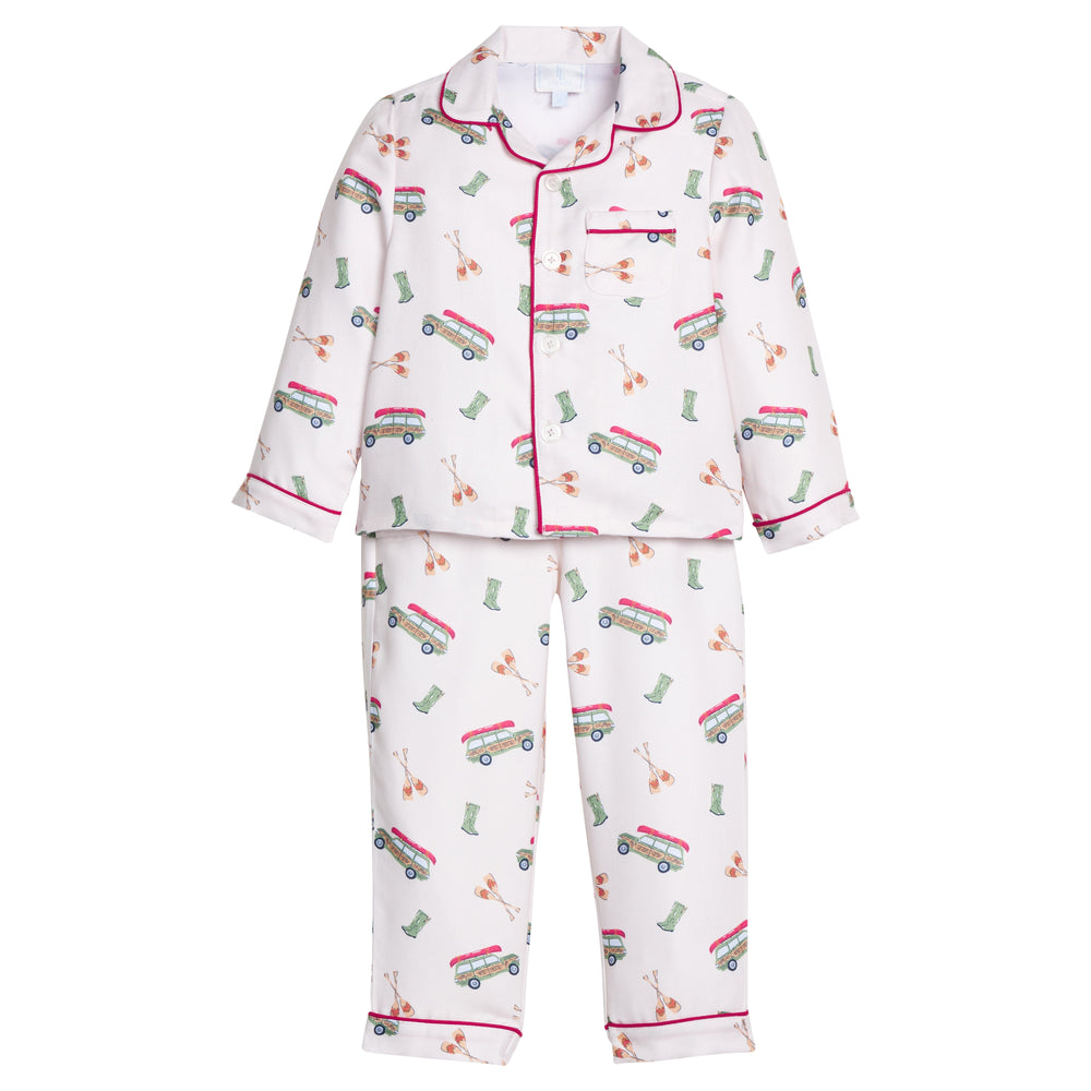 little english classic children's clothes,  boys wagoneer pajama set with a cream background and red piping 