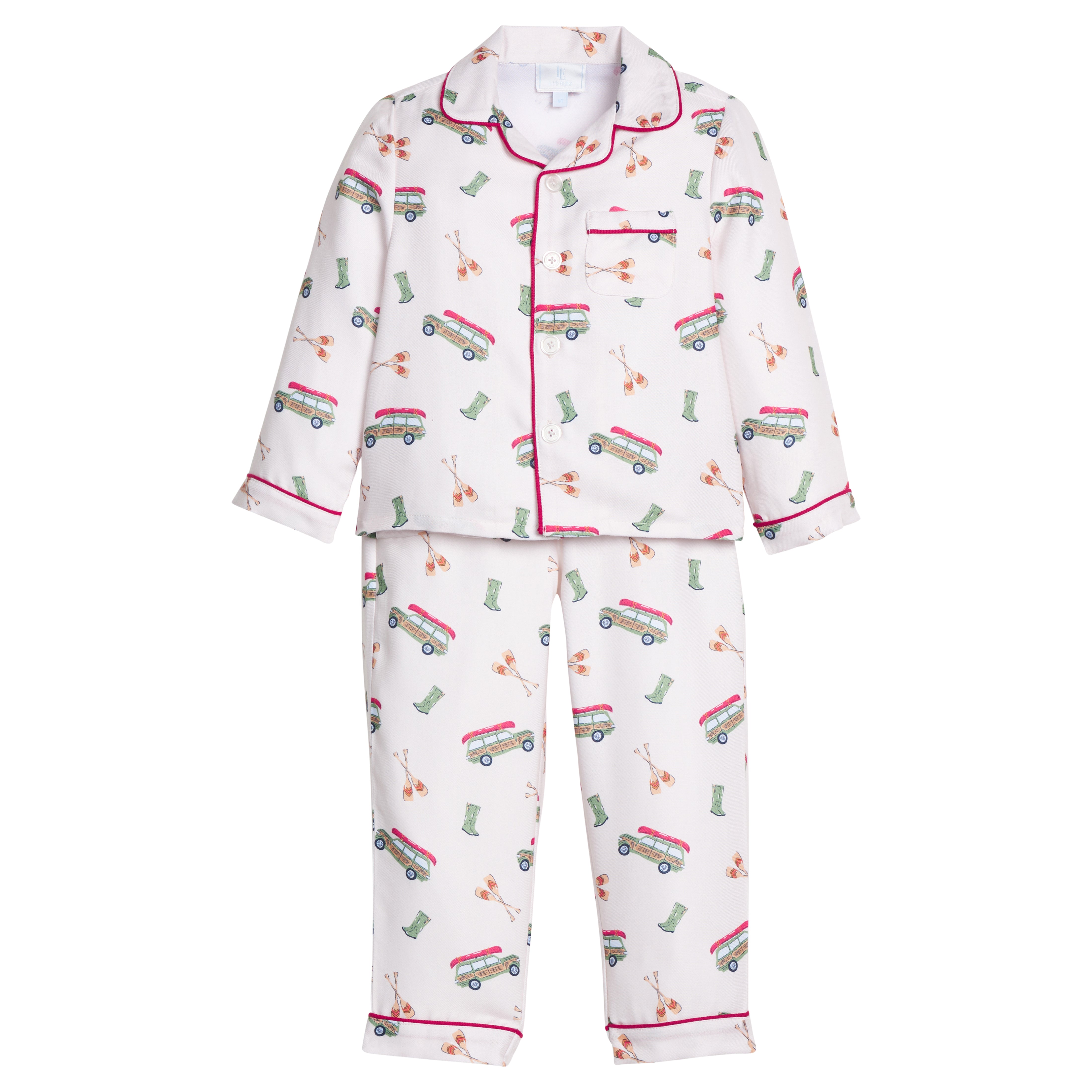 little english classic children's clothes,  boys wagoneer pajama set with a cream background and red piping 
