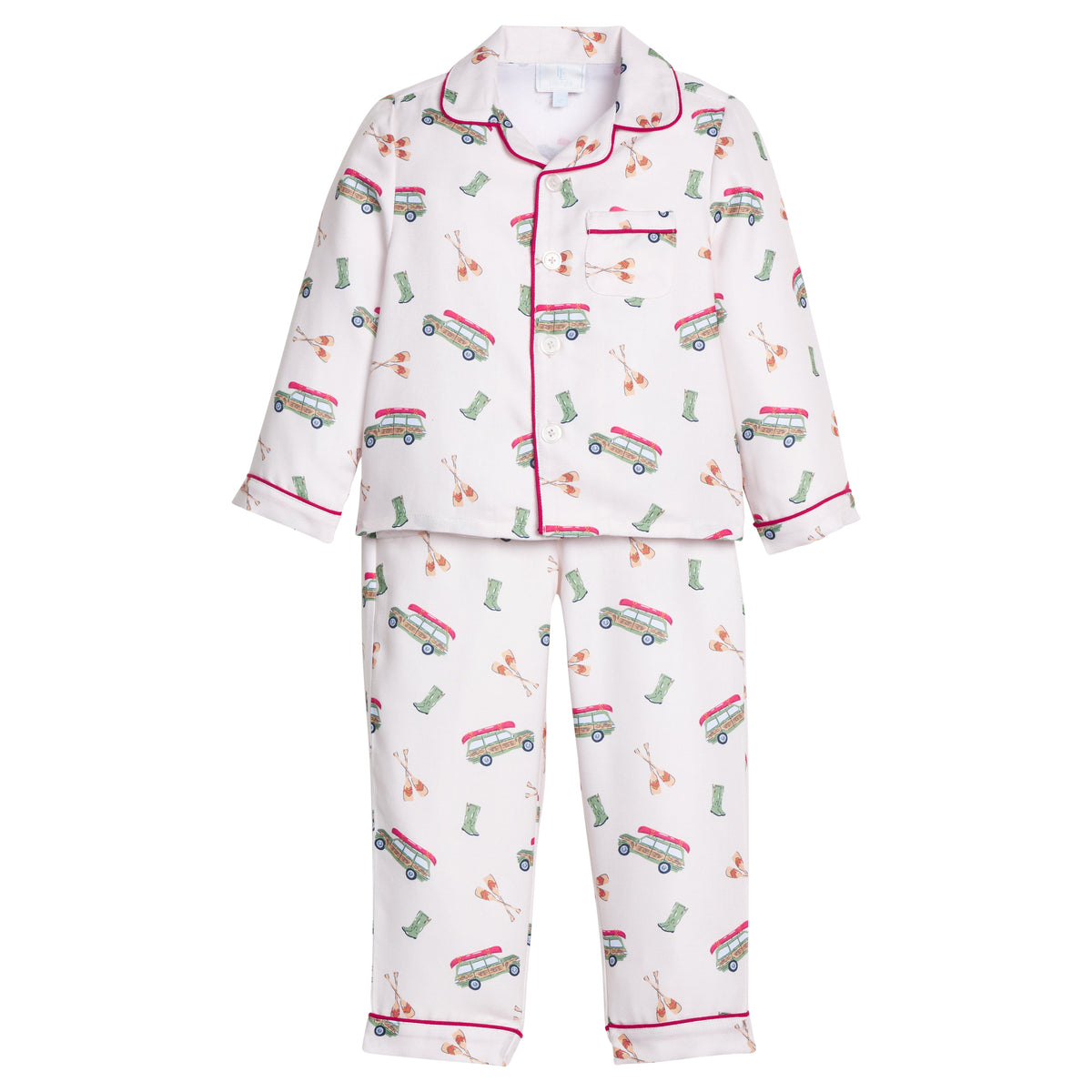 little english classic children's clothes,  boys wagoneer pajama set with a cream background and red piping 