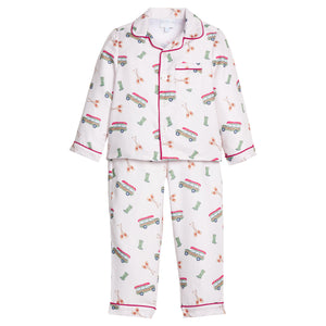 little english classic children's clothes,  boys wagoneer pajama set with a cream background and red piping 