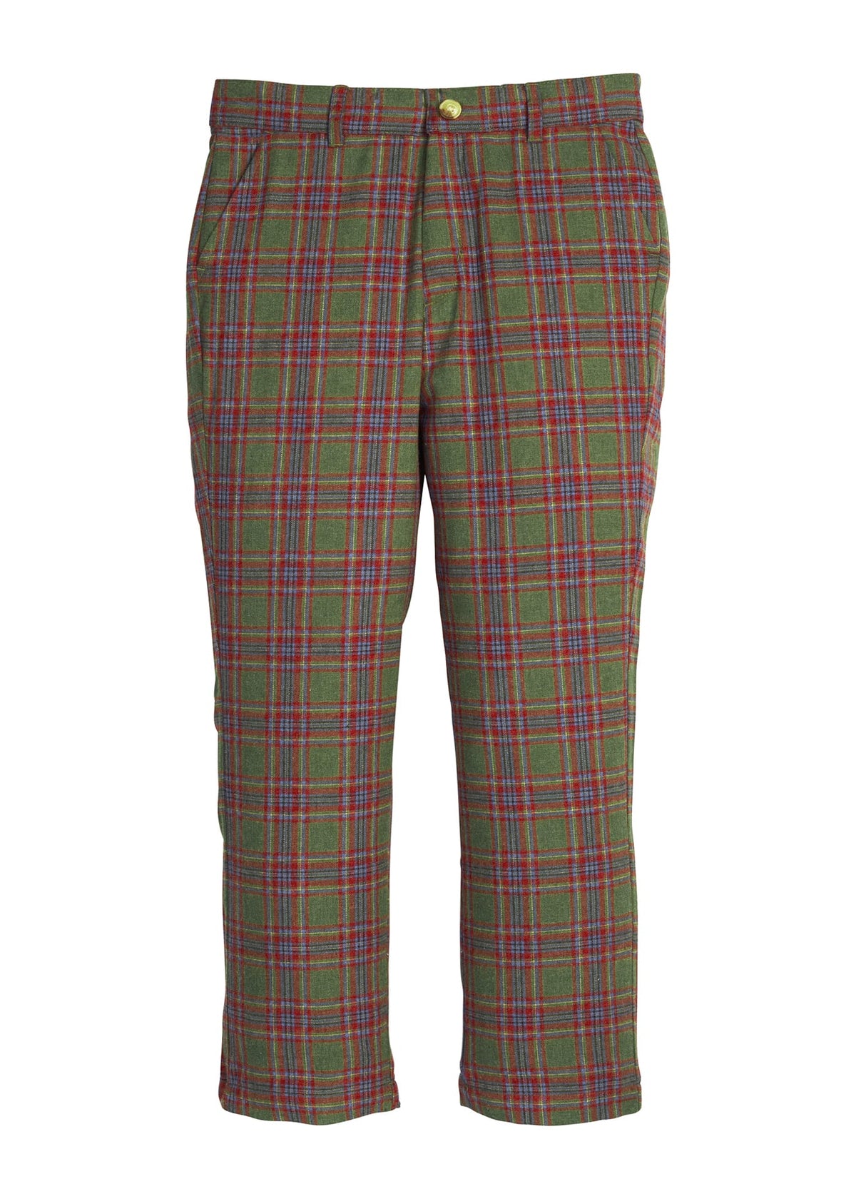 Little English traditional children's clothing, classic pant with zipper and belt loops in olive, marron, and blue Thornhill Plaid for boys