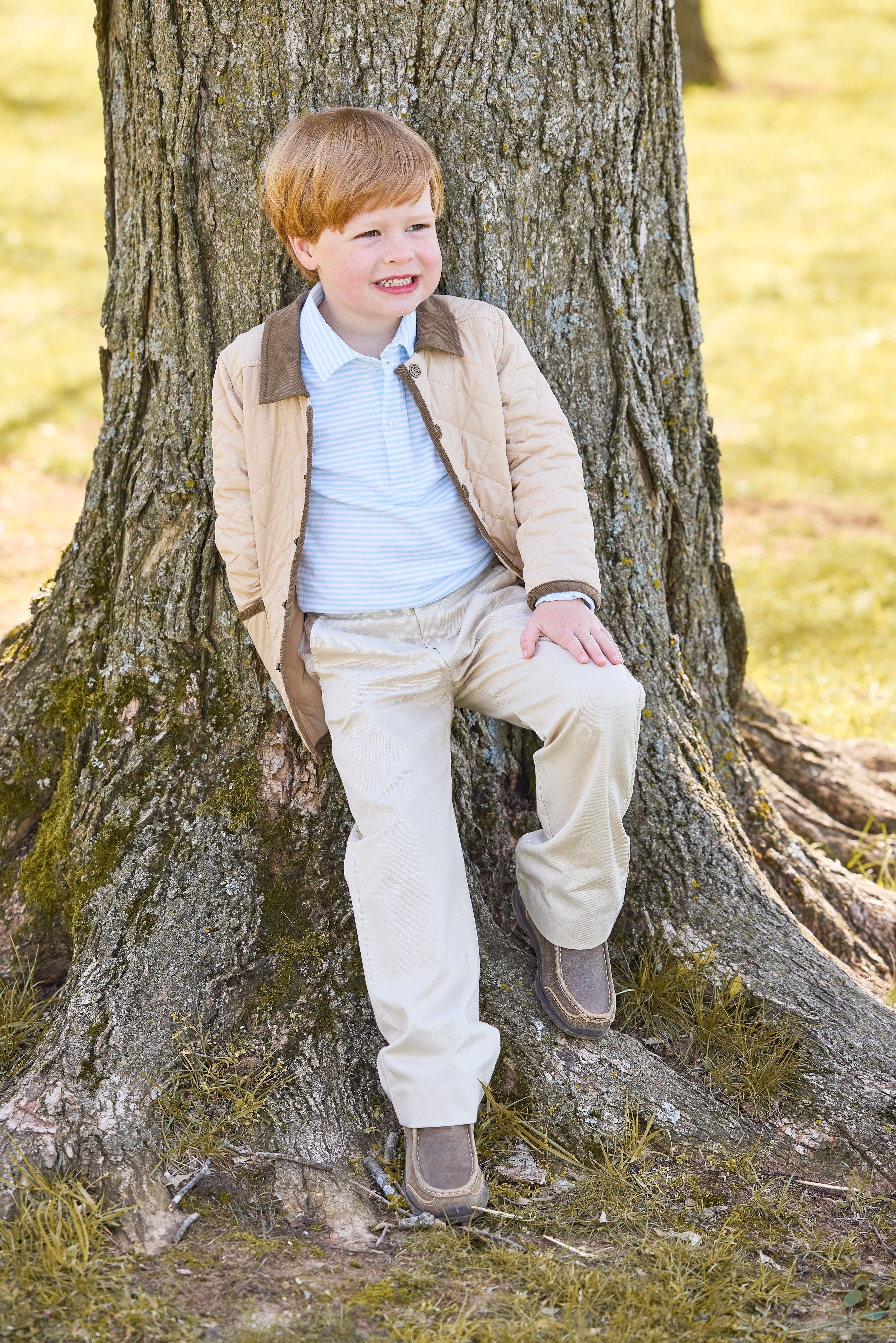 little english classic children's clothing, quilted jacket in khaki, long sleeve polo in sky blue tripe, pull on pant in pebble twill 