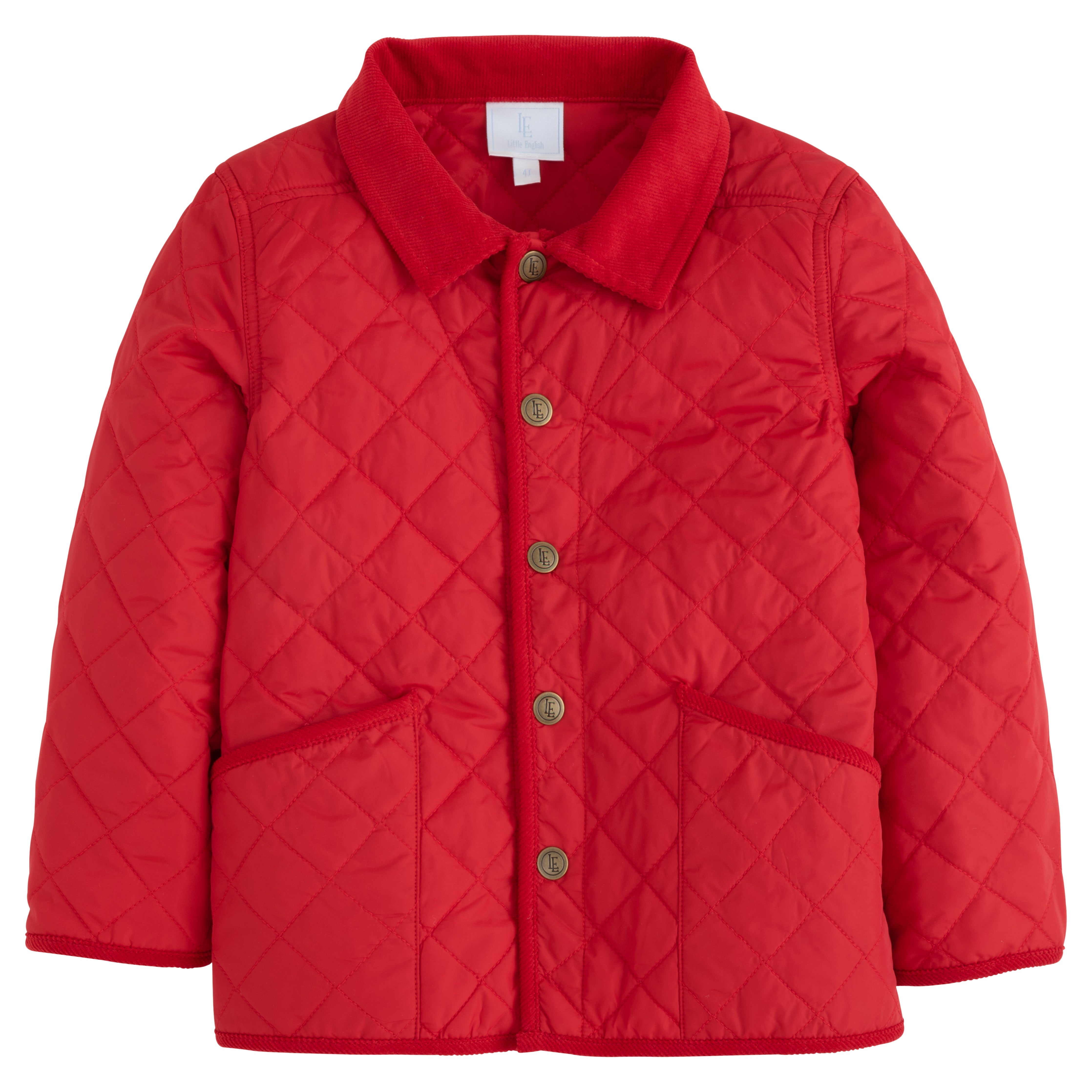little english classic childrens clothing, unisex button snap quilted jacket in red
