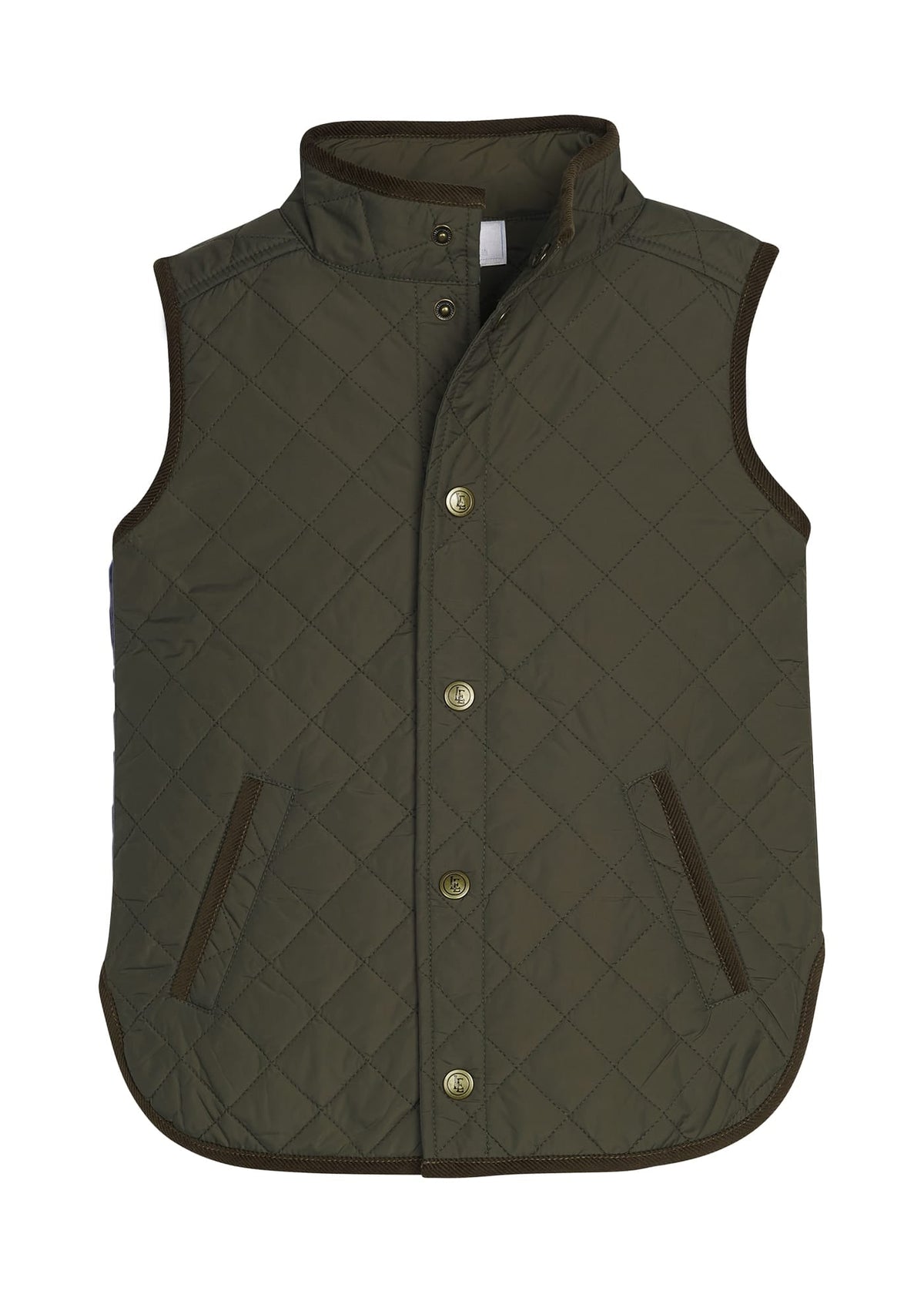 Little English traditional children's clothing.  Classic quilted vest in olive with corduroy detailing.  Unisex vest for kids. 