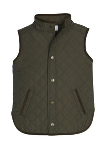 Little English traditional children's clothing.  Classic quilted vest in olive with corduroy detailing.  Unisex vest for kids. 