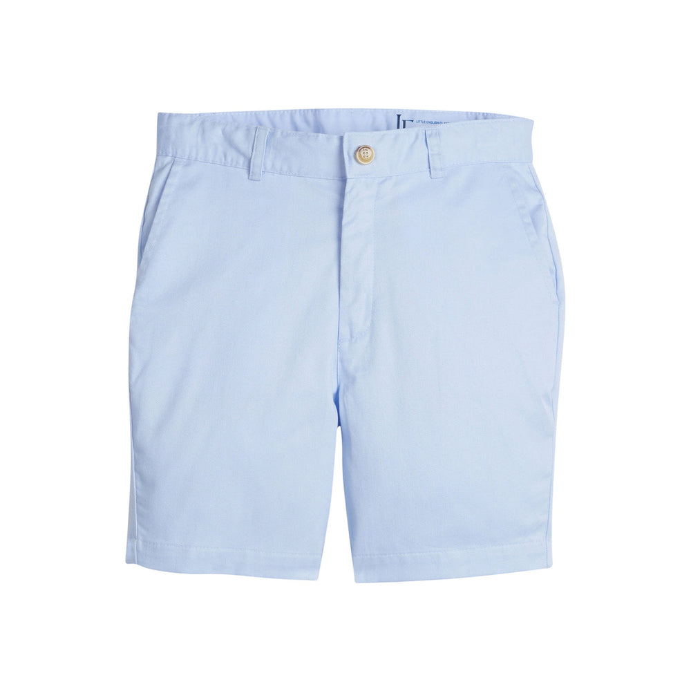 Front view of Classic Short Breeze blue twill shorts showcasing button closure, belt loops, and side pockets on white background