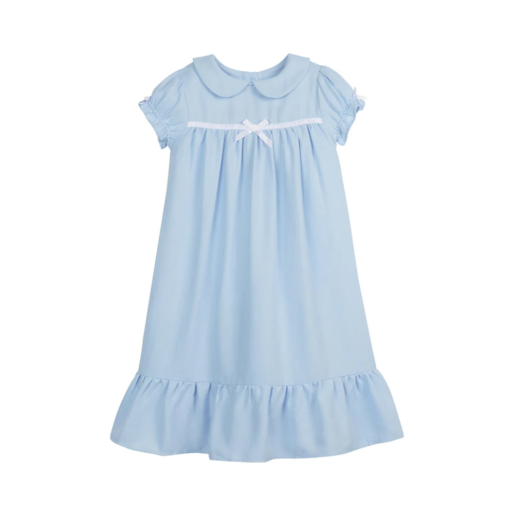 Front view of Classic Short Sleeve Nightgown showcasing Peter Pan collar, short elastic sleeves, fixed ribbon bow, and ruffled hem on white background