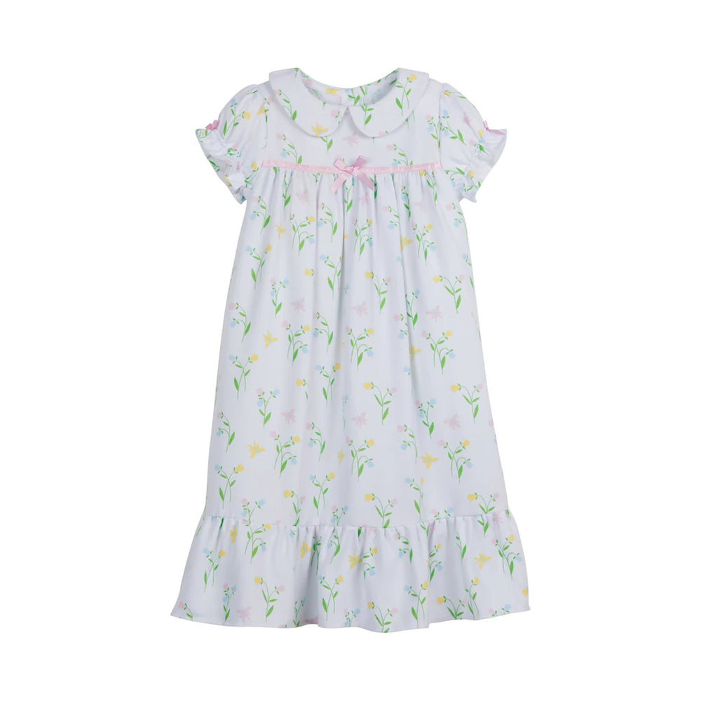 Front view of classic short-sleeve Butterfly Garden nightgown with floral print and ribbon bow on white background