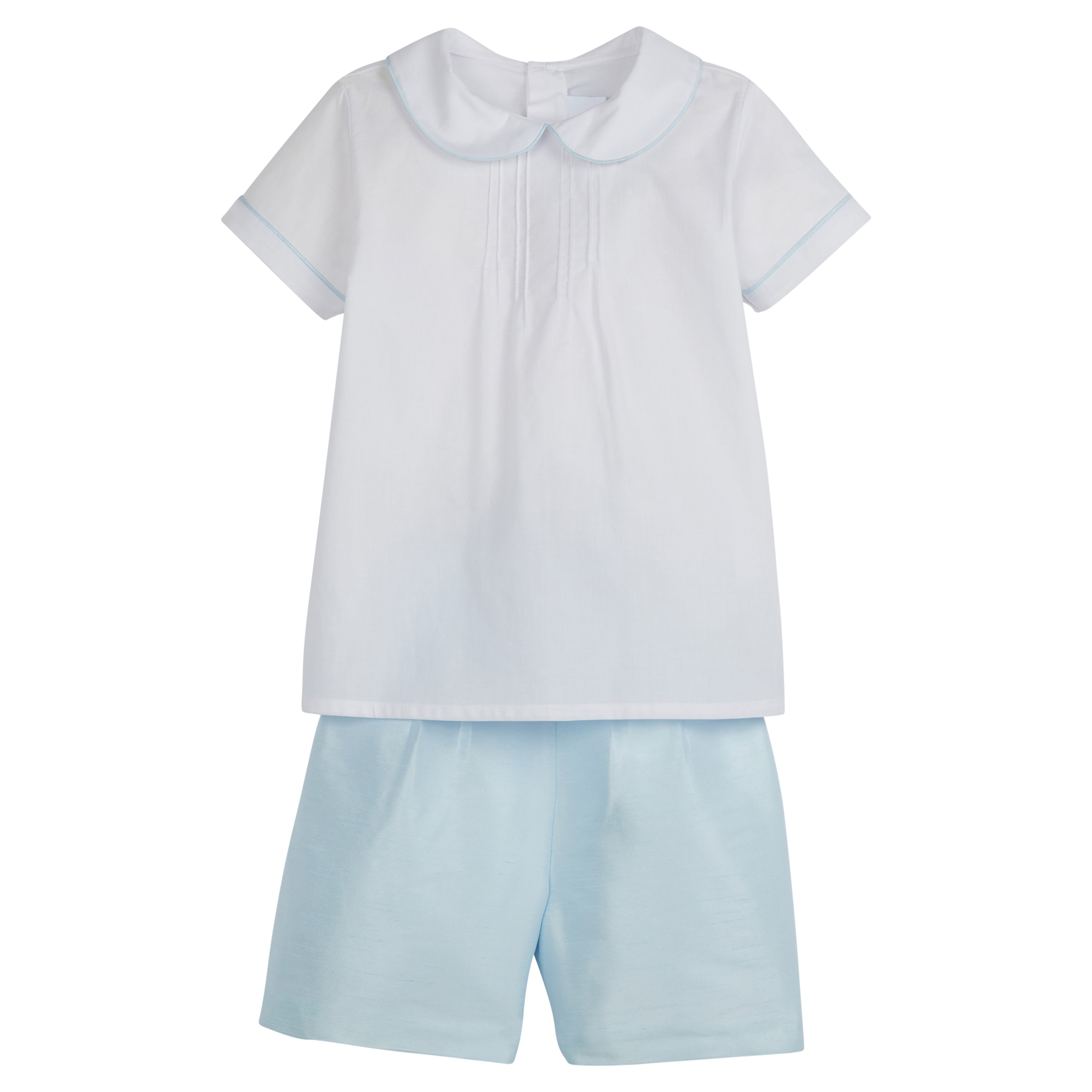 Little English traditional children's clothing.  Classic and timeless wedding short set for little boys in white and light blue.  Formal white peter pan collar top and coordinating light blue short set for special occasions 