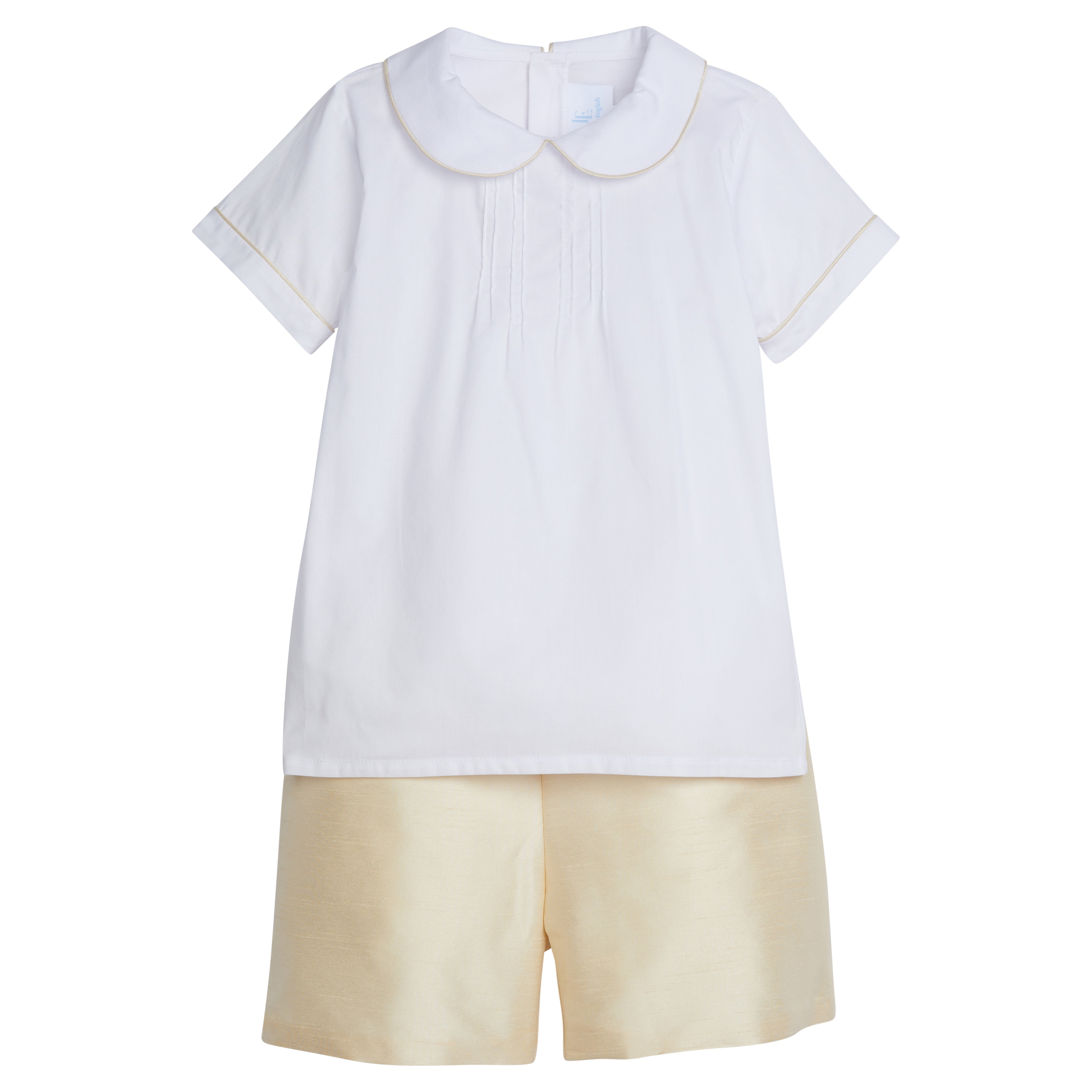 Little English traditional children's clothing.  Classic and timeless wedding short set for little boys in white and champagne.  Formal white peter pan collar top and coordinating champagne short set for special occasions 