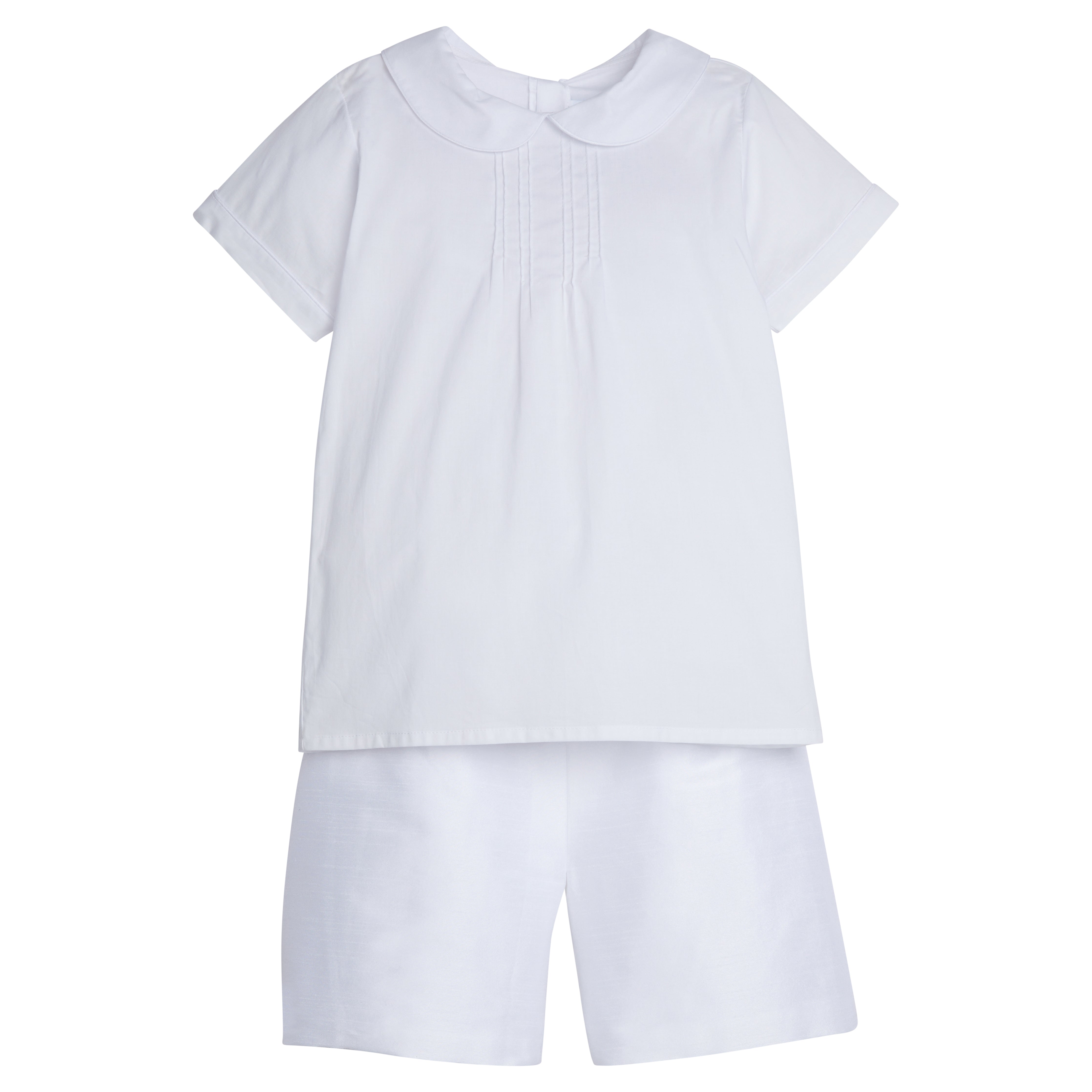 Little English traditional children's clothing.  Classic and timeless wedding short set for little boys in all white.  Formal peter pan collar top and matching short set for special occasions 