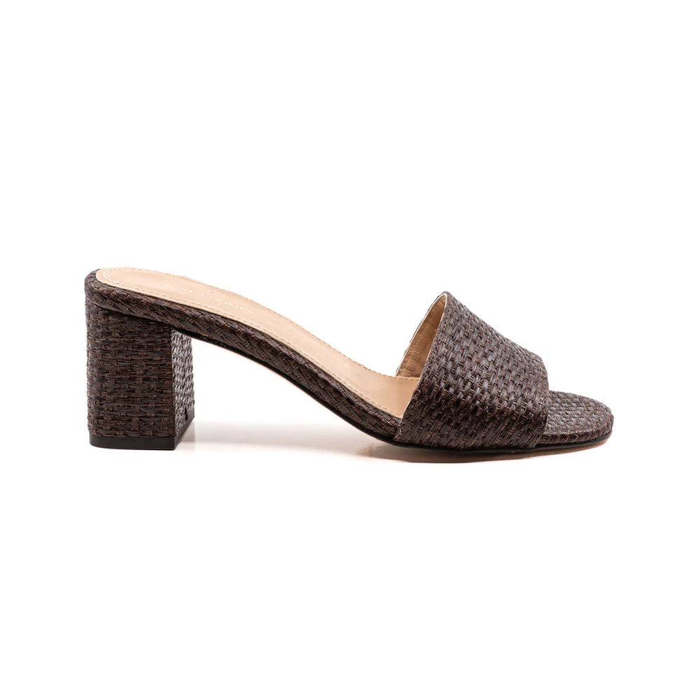 Side view of Claudia raffia mule showcasing woven brown raffia upper and 50mm block heel on white background