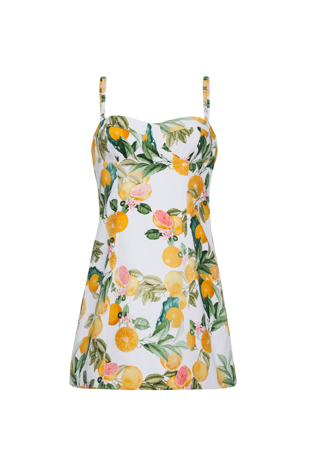 Front view of Claudine Mini Dress in Cara Cara Citrus showcasing citrus fruit print, sweetheart neckline and thin shoulder straps on white background