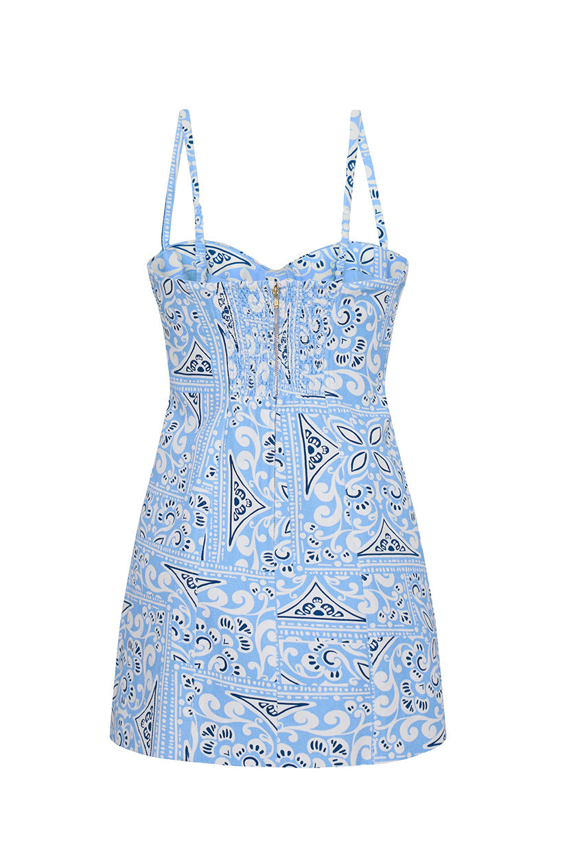 Claudine Mini Dress in Heart Tile Cornflower