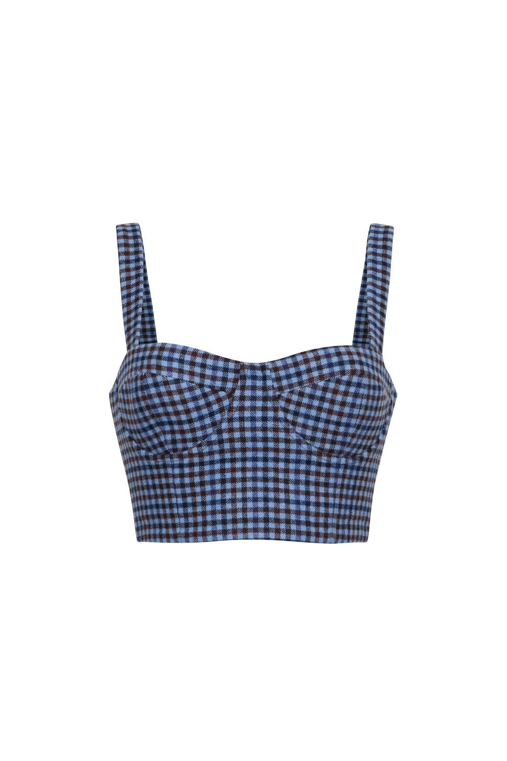 Front view of Claudine Top in Edmound Plaid Blue, a corset crop top with sweetheart neckline and boning on white
