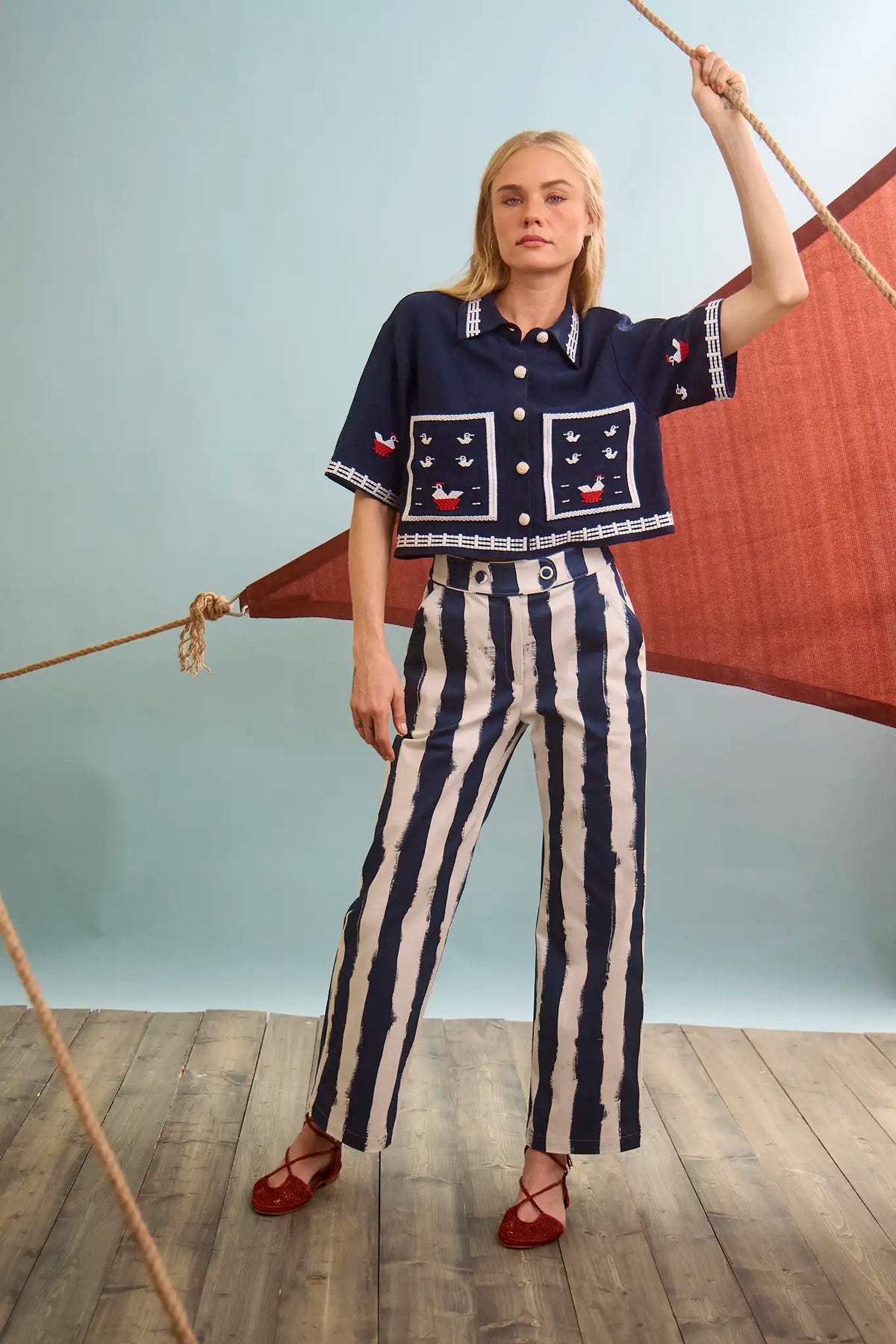 The Clay Top in Deep Sea paired with Juno Paint in Lighthouse Navy Stripe.