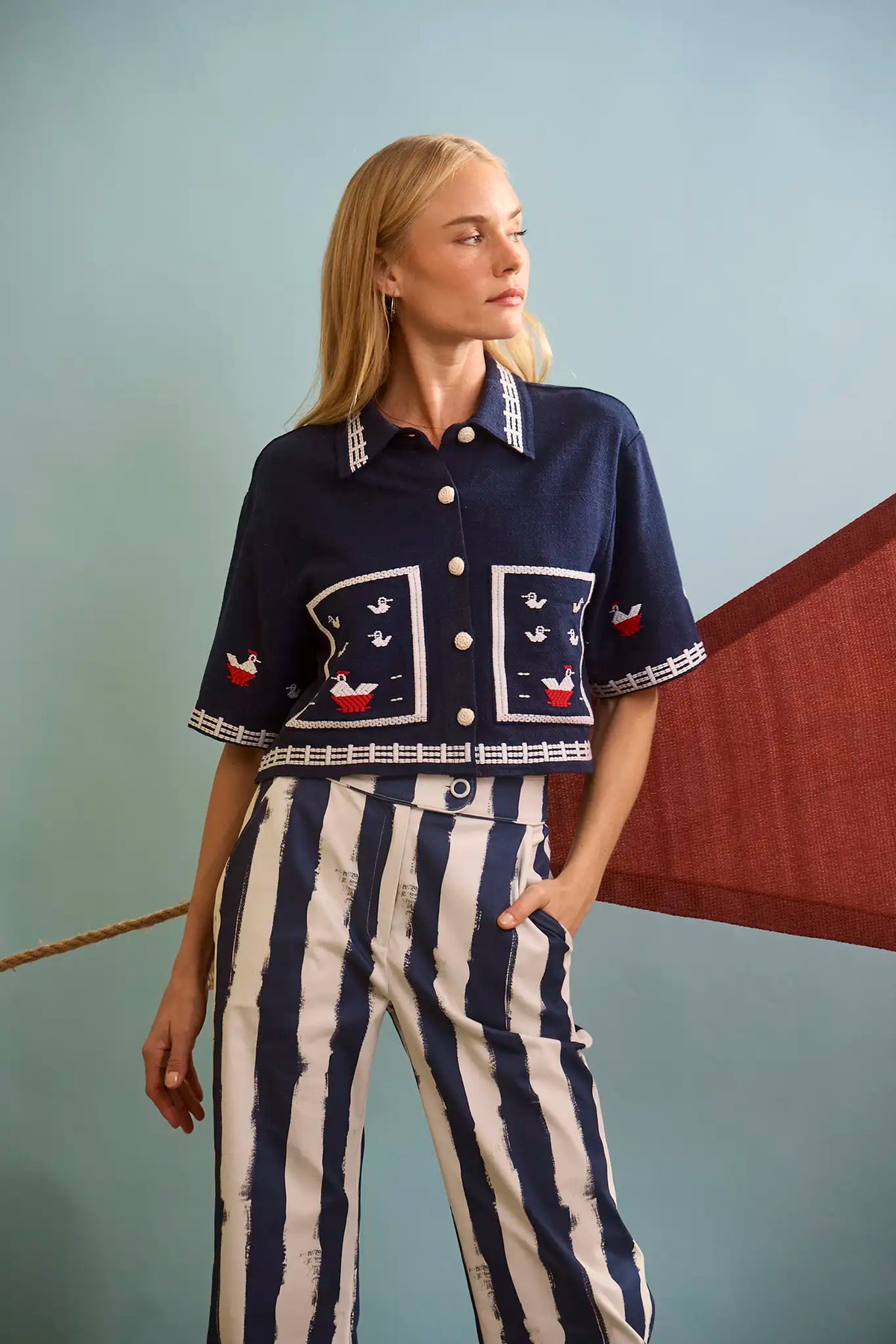 The Clay Top in Deep Sea paired with Juno Paint in Lighthouse Navy Stripe.