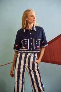 The Clay Top in Deep Sea paired with Juno Paint in Lighthouse Navy Stripe.