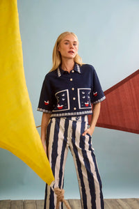 The Clay Top in Deep Sea paired with Juno Paint in Lighthouse Navy Stripe.