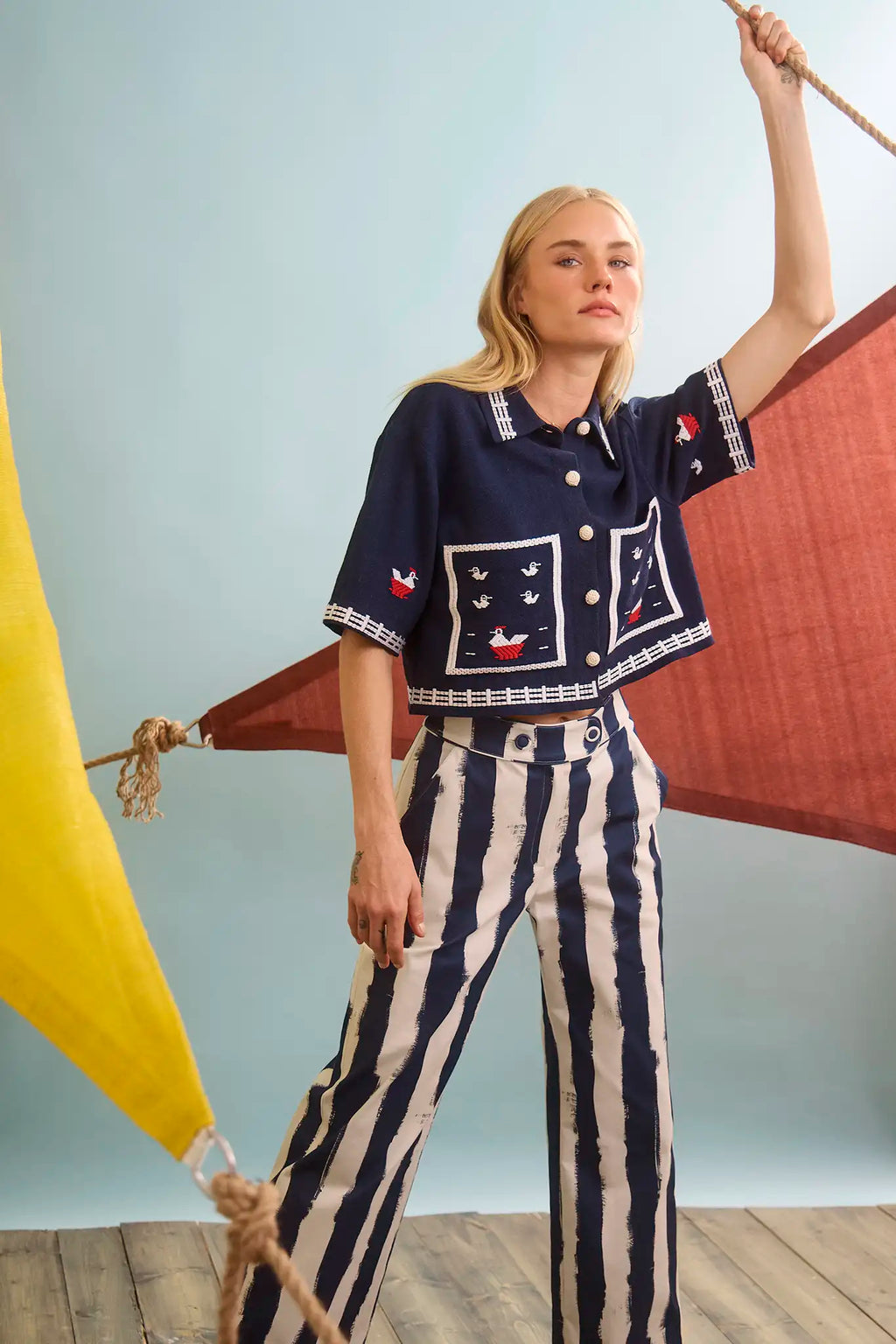 The Clay Top in Deep Sea paired with Juno Pant in Lighthouse Stripe Navy.