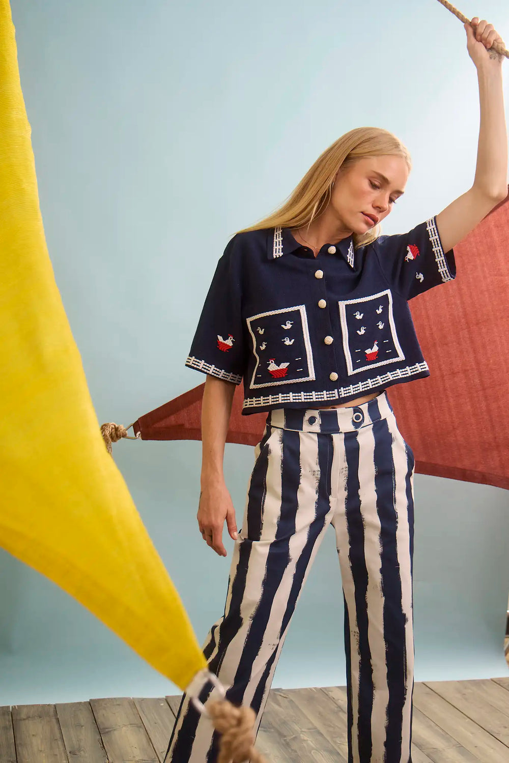 The Clay Top in Deep Sea paired with Juno Paint in Lighthouse Navy Stripe.