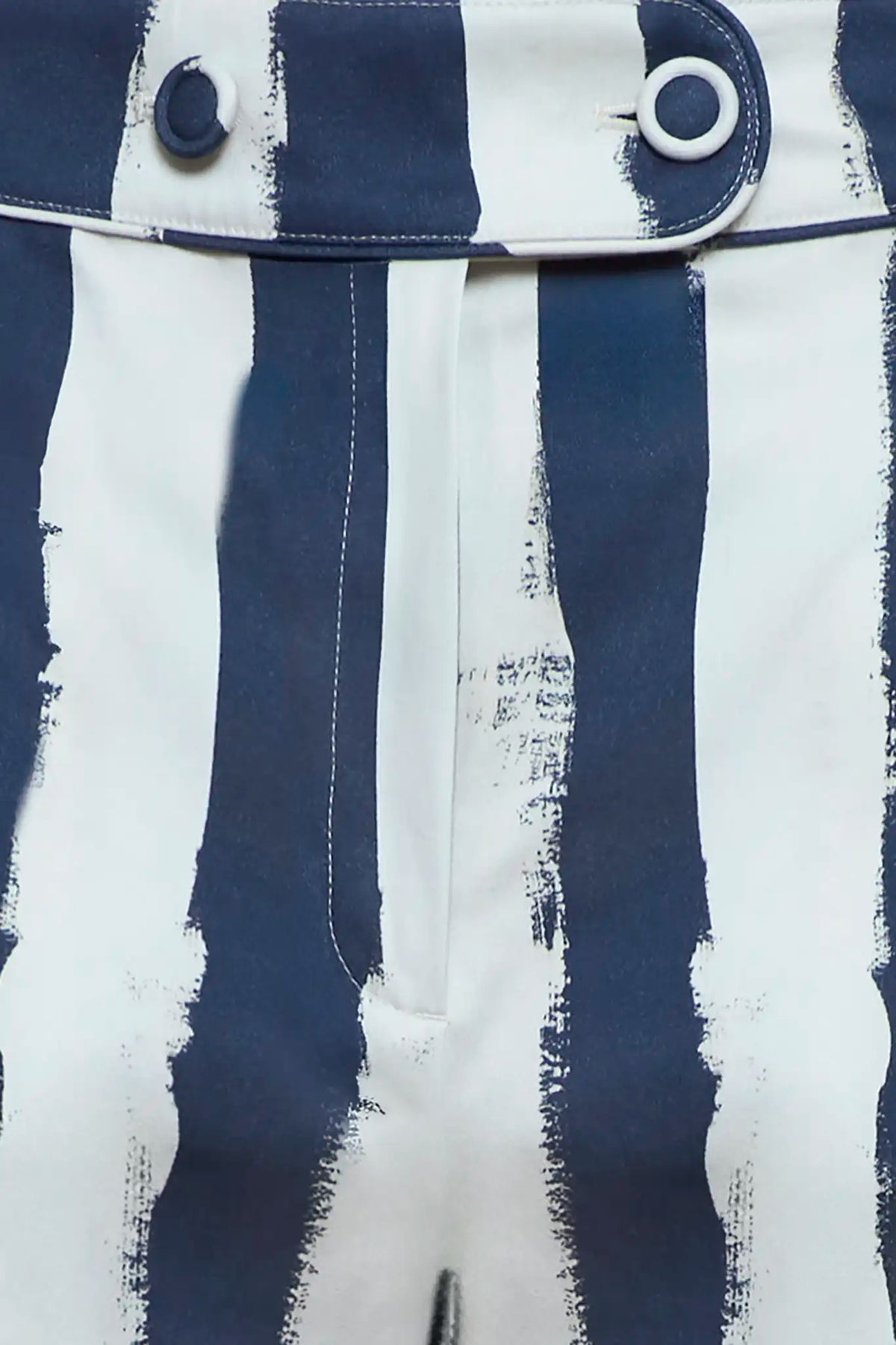 Close up of the Juno Pant in Lighthouse Navy Stripe.