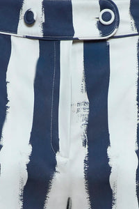 Close up of the Juno Pant in Lighthouse Navy Stripe.