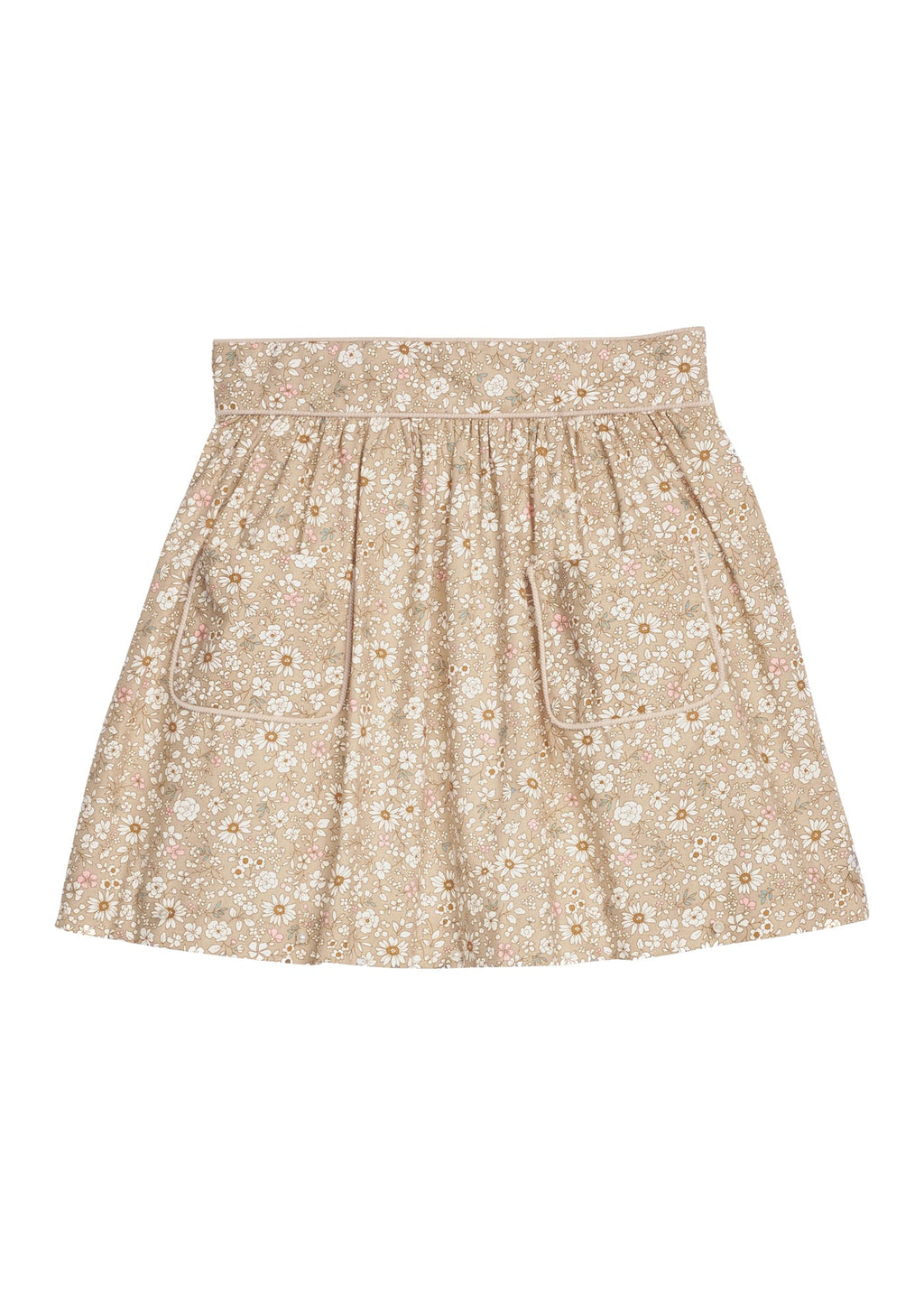 Little English traditional children's clothing.  Khaki and white Camden Floral skirt for little girls with tonal piping and two front pockets