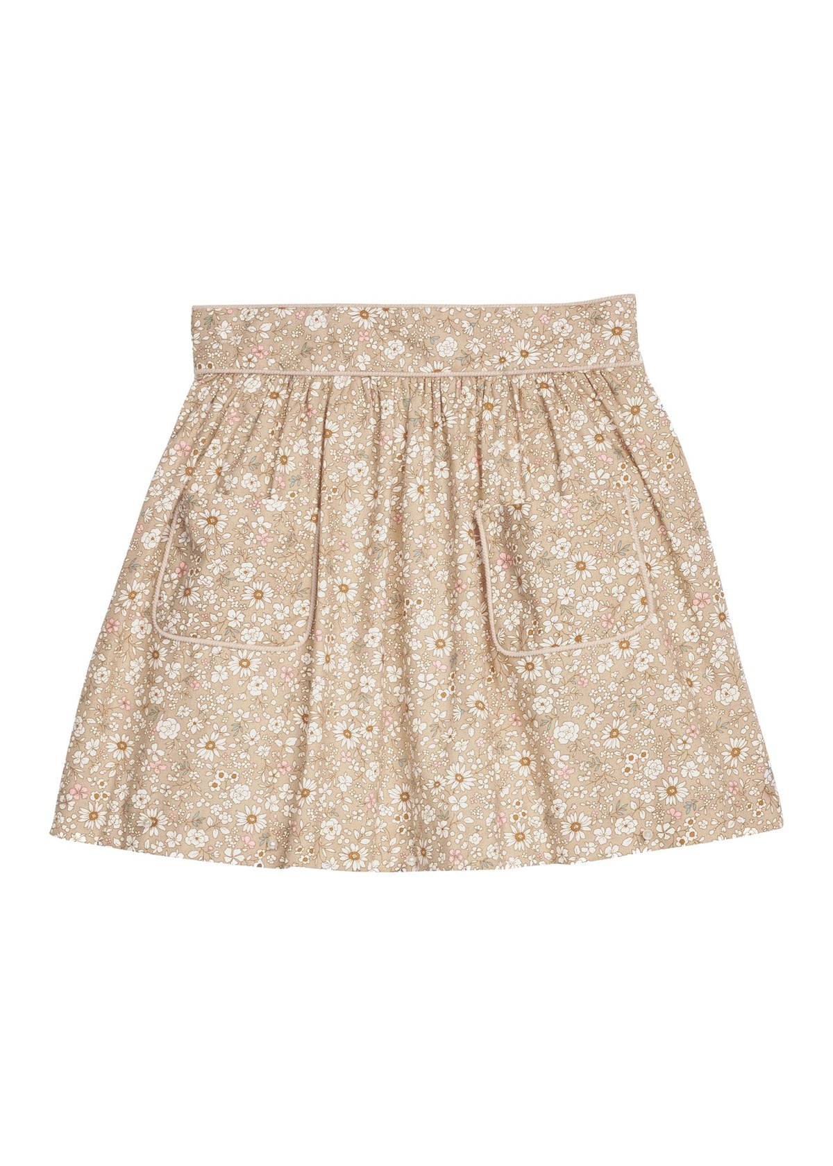Little English traditional children's clothing.  Khaki and white Camden Floral skirt for little girls with tonal piping and two front pockets