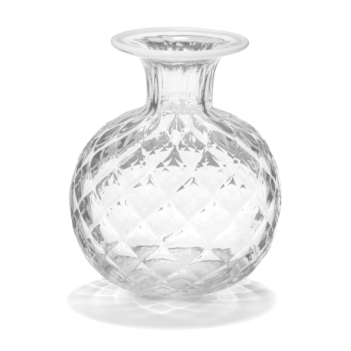 Front view of Clementina Balloton Texture Bud Vase with White Rim showcasing balloton diamond texture and white glass rim