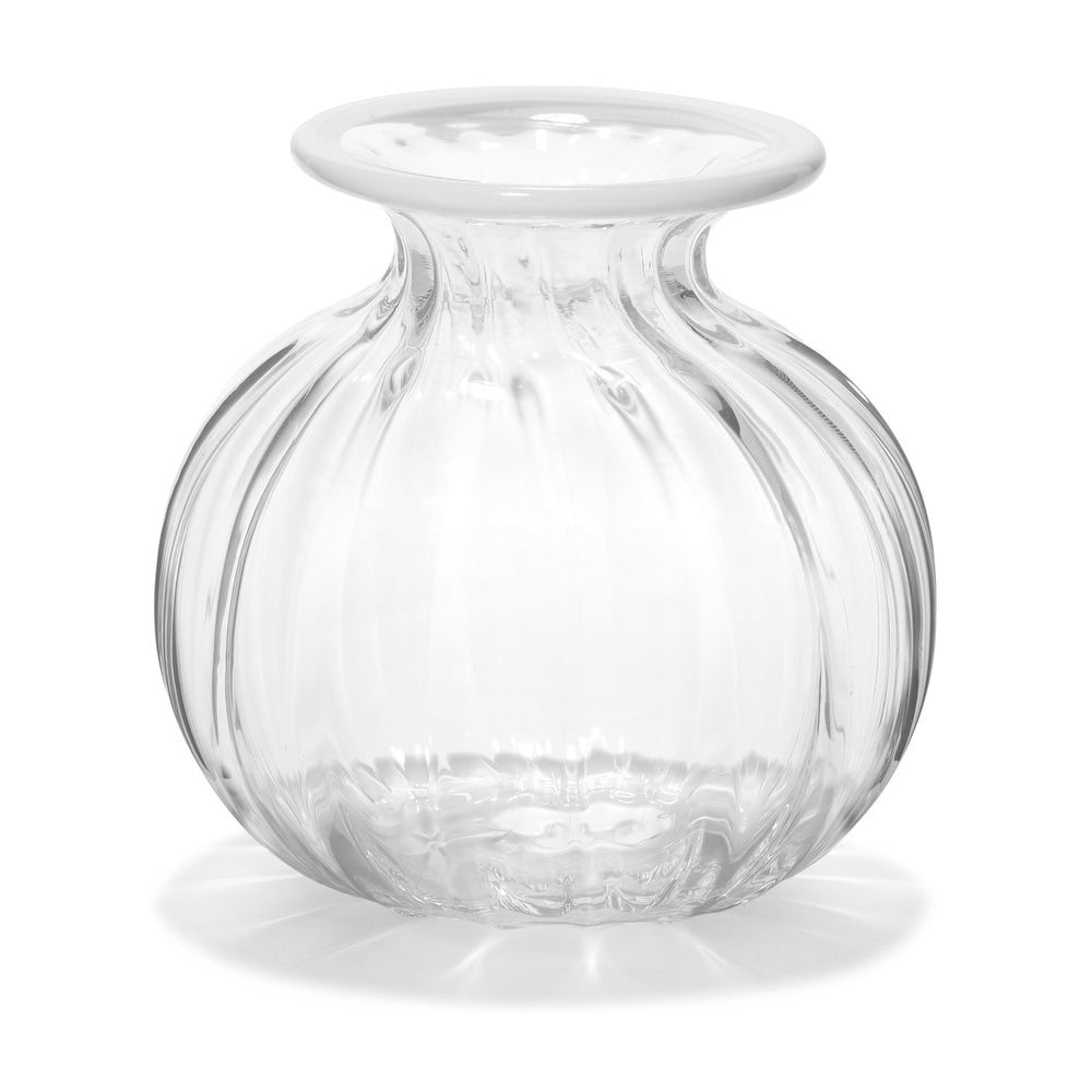 Front view of Clementina Vertical Optic Texture Mini Bud Vase with White Rim showcasing swirl stripe texture on a white background