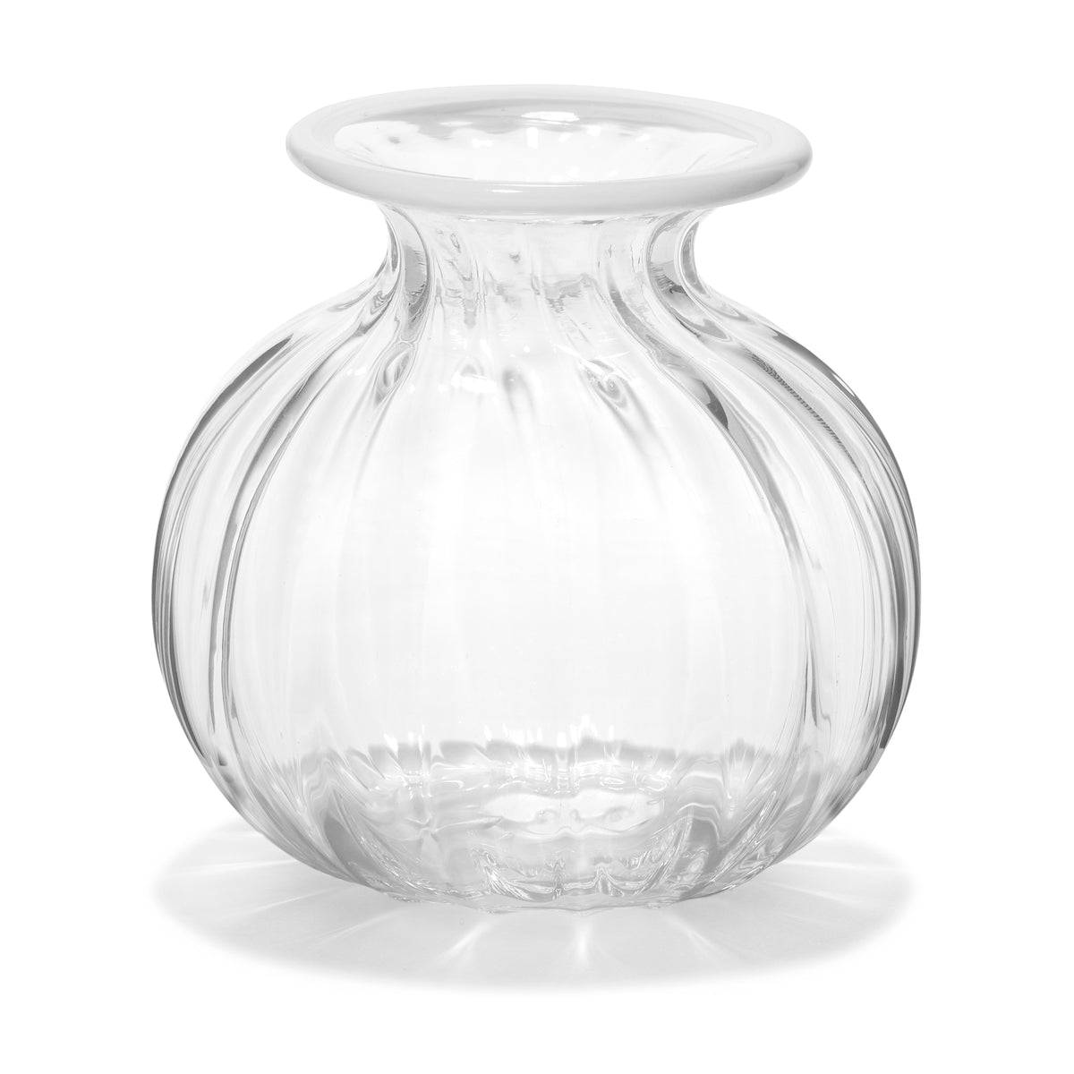 Front view of Clementina Vertical Optic Texture Mini Bud Vase with White Rim showcasing swirl stripe texture on a white background
