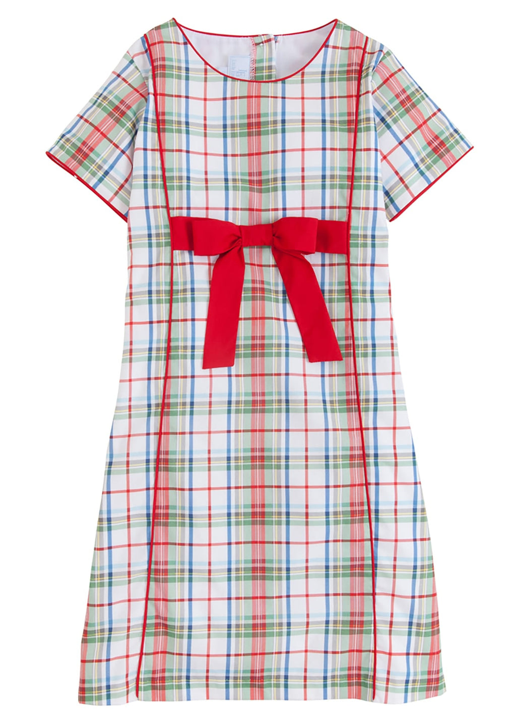 Little English classic children's clothing. Girls A-line dress in red and green plaid with red bow and red piping detail for the holidays
