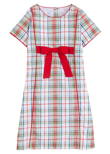 Little English classic children's clothing. Girls A-line dress in red and green plaid with red bow and red piping detail for the holidays