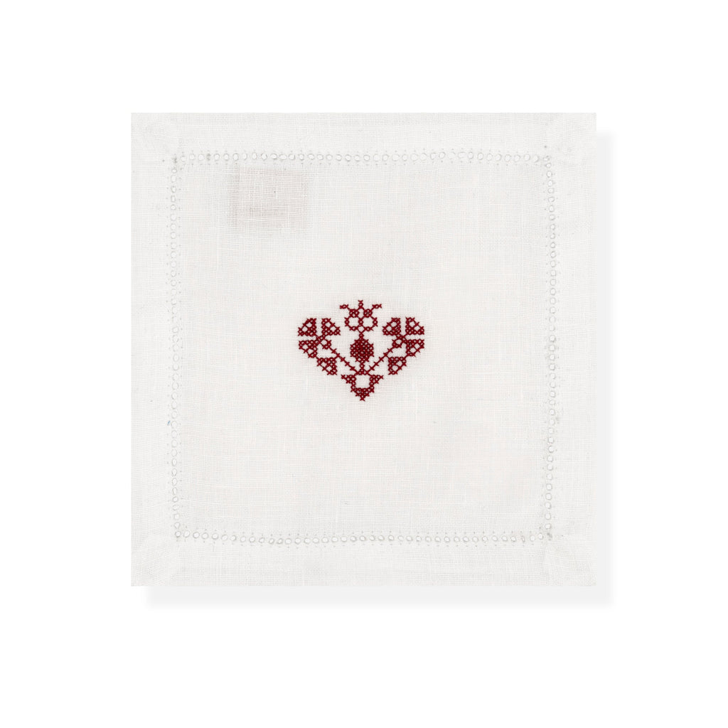 Hemstitch Cocktail Napkins with Crossed Heart Embroidery